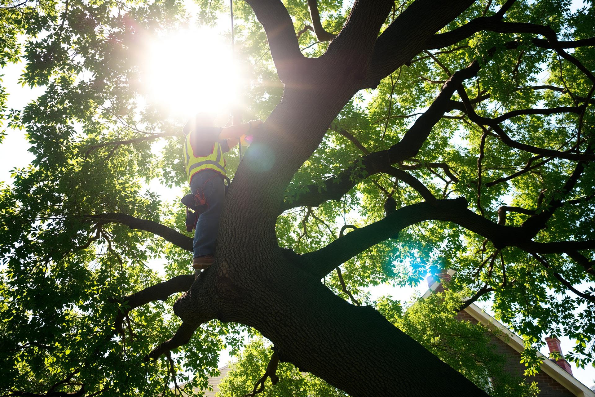 Arborist pruning a large tree